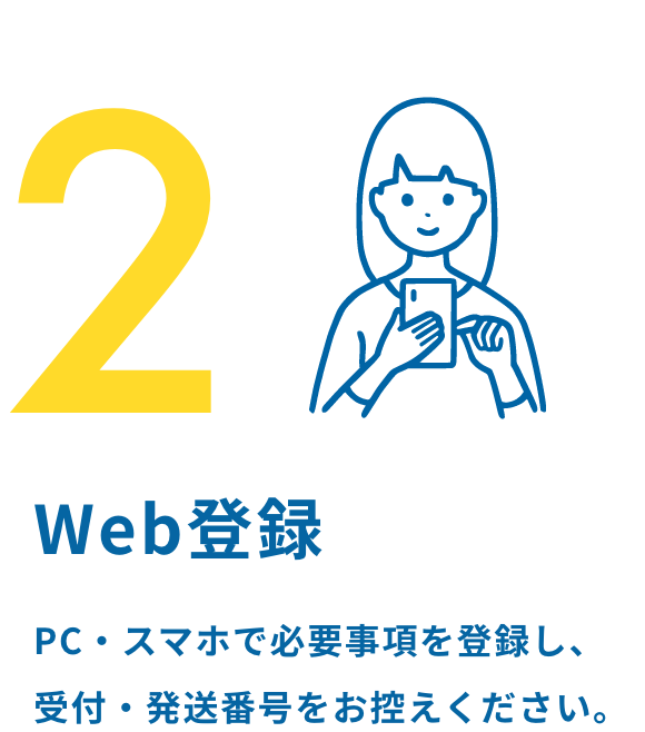 2.Web登録 PC・スマホで必要事項を登録し、受付・発送番号をお控えください。